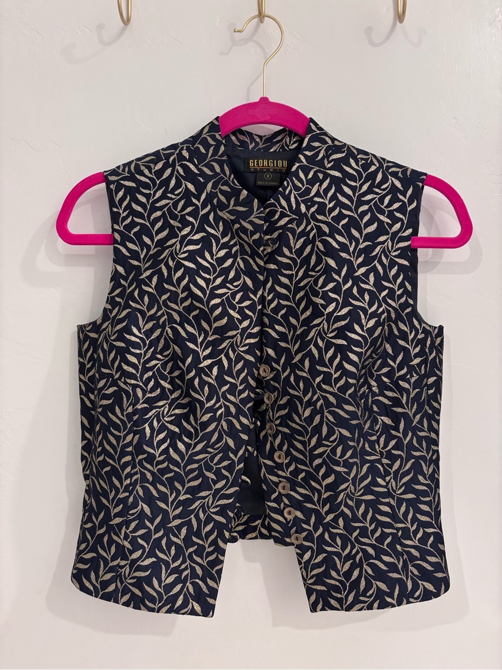 Vintage Georgiou Navy Leaf-Print Button Front Vest